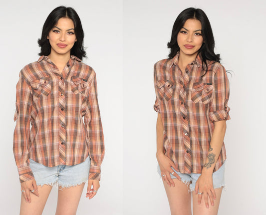 70s Brown Plaid Metallic Button-Up Shirt Long Sleeve Small
