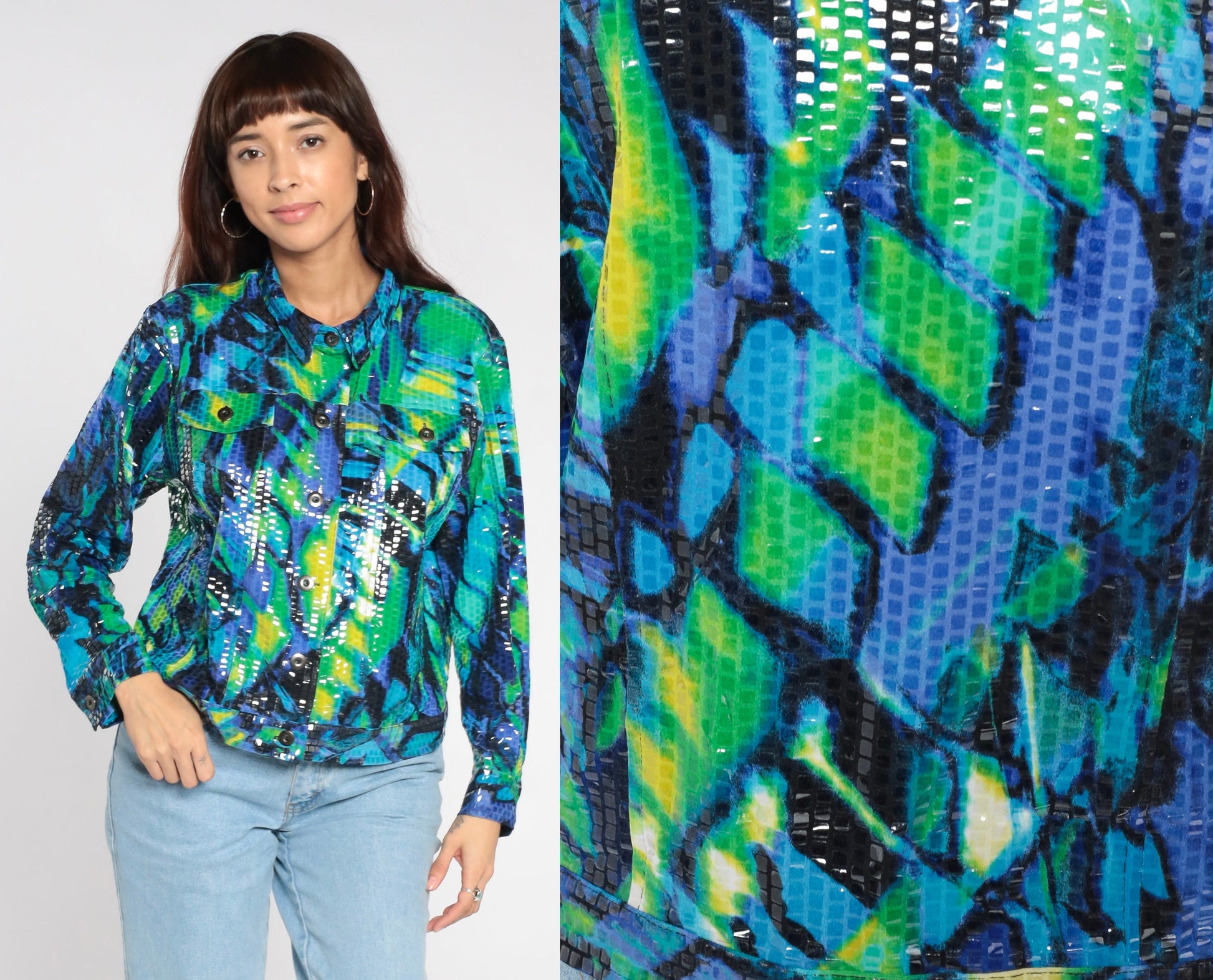 90s Faux Snakeskin Reversible Bomber Jacket Green Blue Geometric Petite Large