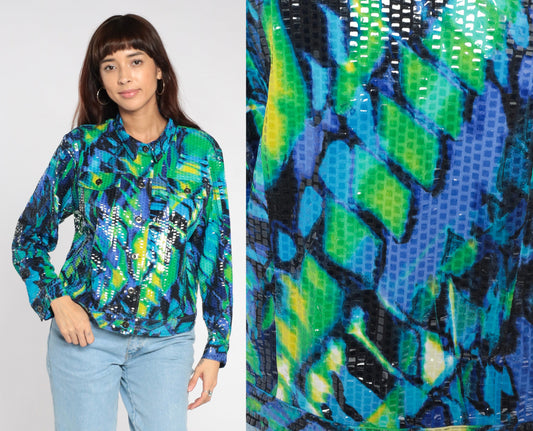 90s Faux Snakeskin Reversible Bomber Jacket Green Blue Geometric Petite Large
