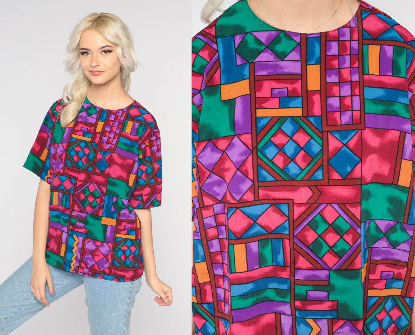 80s Geometric Abstract Square Print Blouse Rainbow Short Sleeve Large L