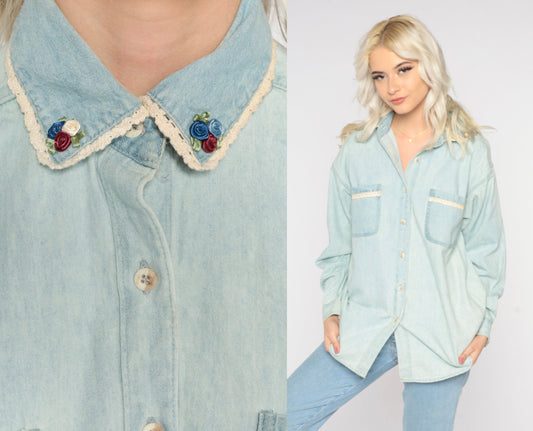 90s Light Blue Chambray Button-Up Blouse Lace Trim Rosette Small