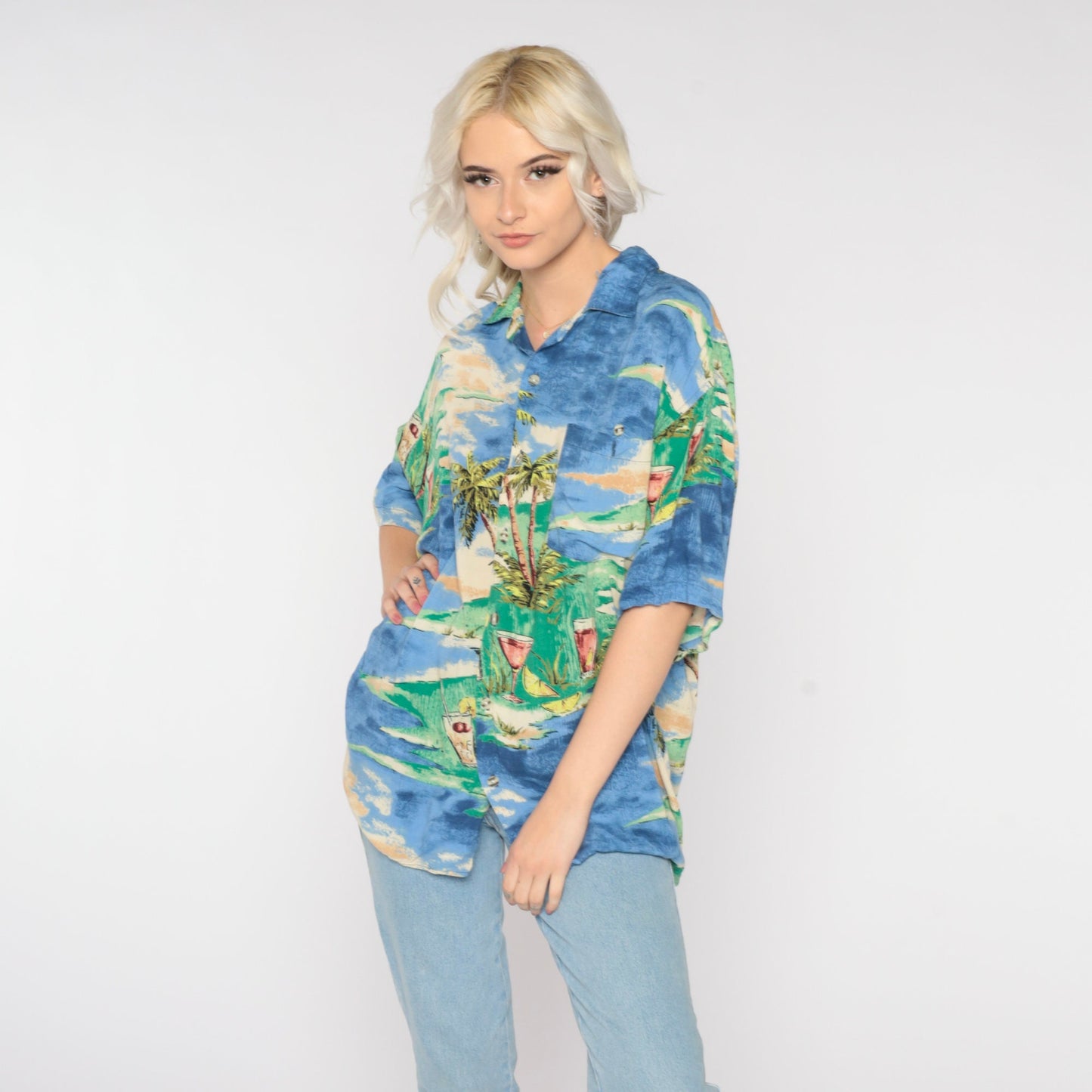 Y2K Blue Hawaiian Shirt Palm Tree Cocktail Print Button Up Men's Large