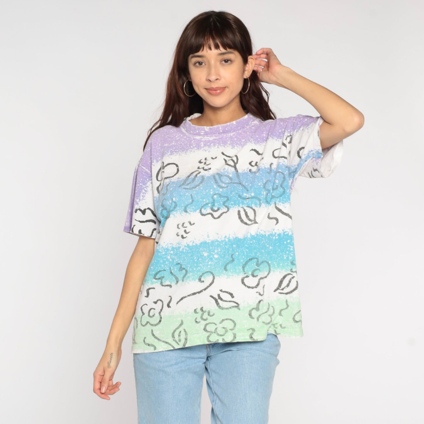 90s Anvil Floral T-Shirt Bleach Splatter Striped Cotton White Extra Large XL