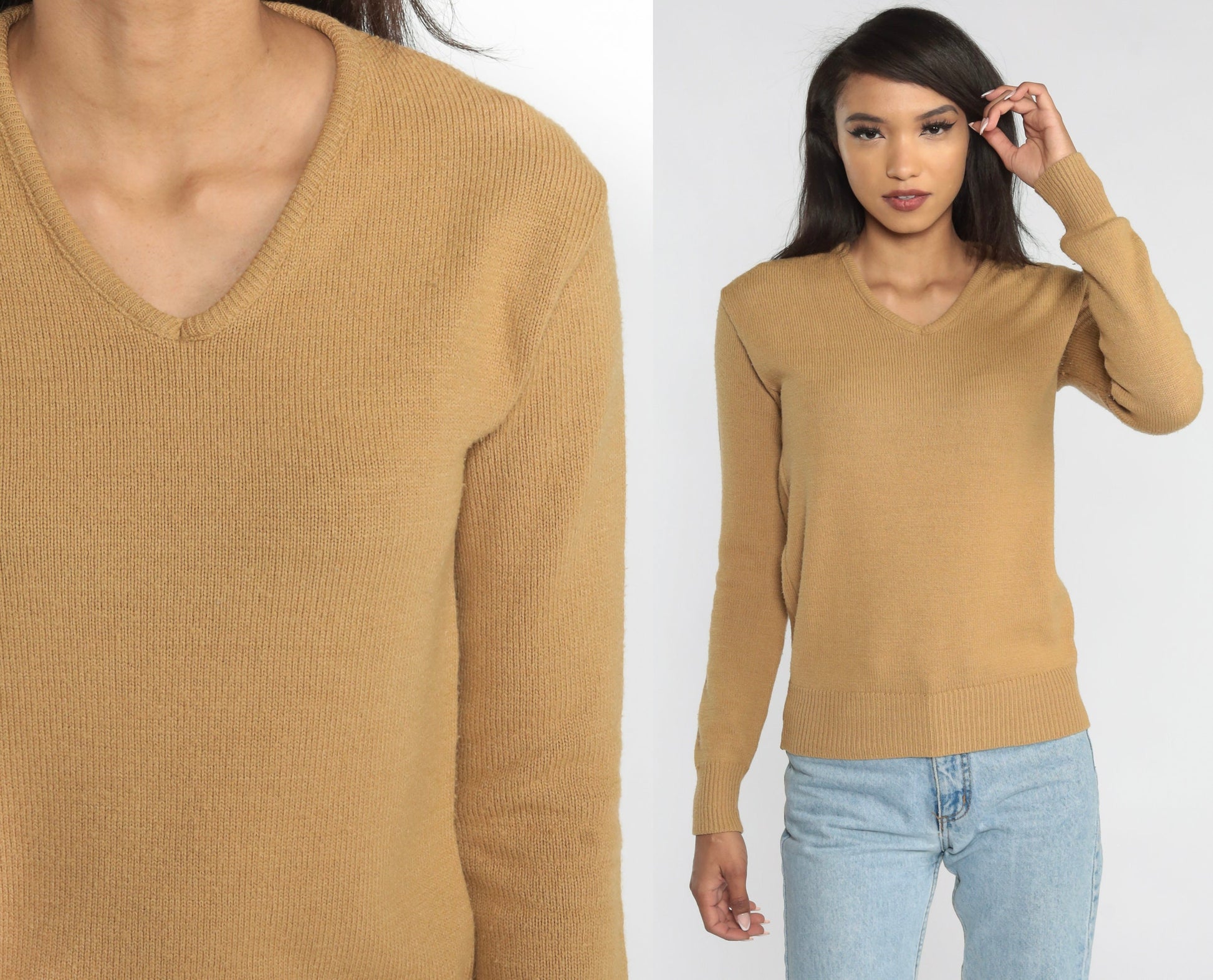 70s Tan V-Neck Pullover Sweater Knit Acrylic Small