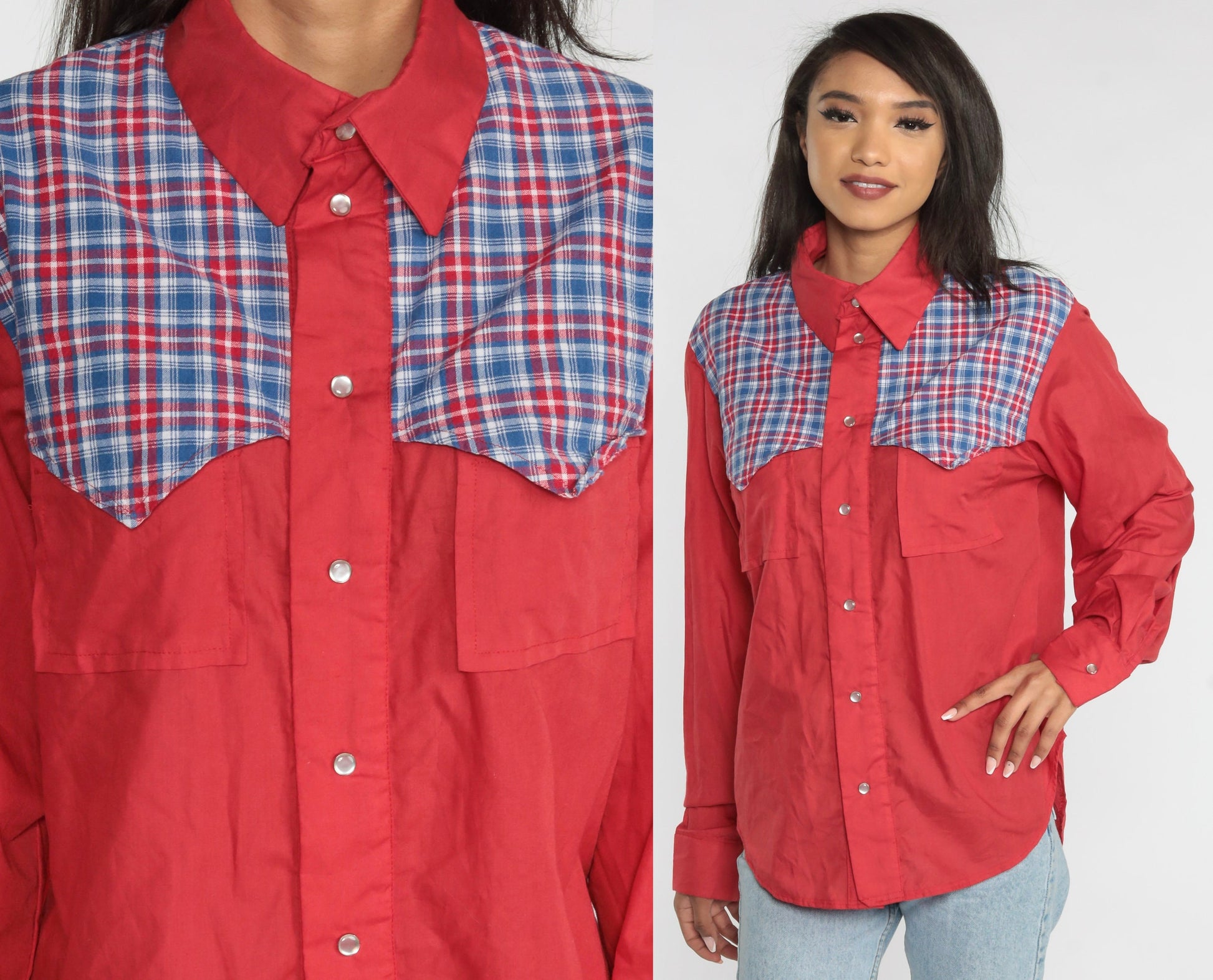 90s Red Plaid Pearl Snap Western Shirt Men's Large