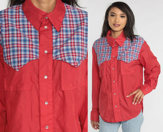 90s Red Plaid Pearl Snap Western Shirt Men's Large