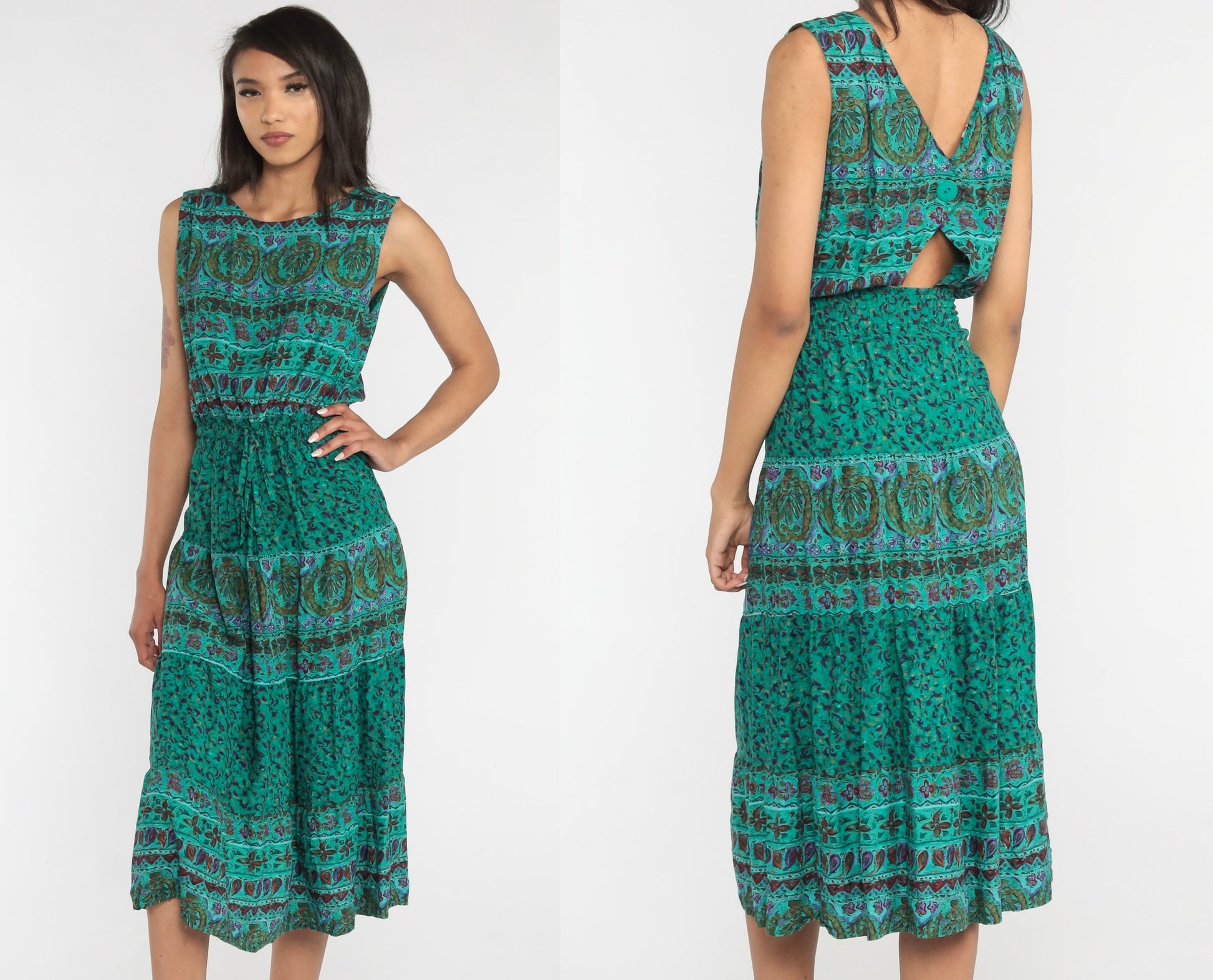 00s Indian Floral Midi Dress Green Sleeveless High Waist Cutout Back Small