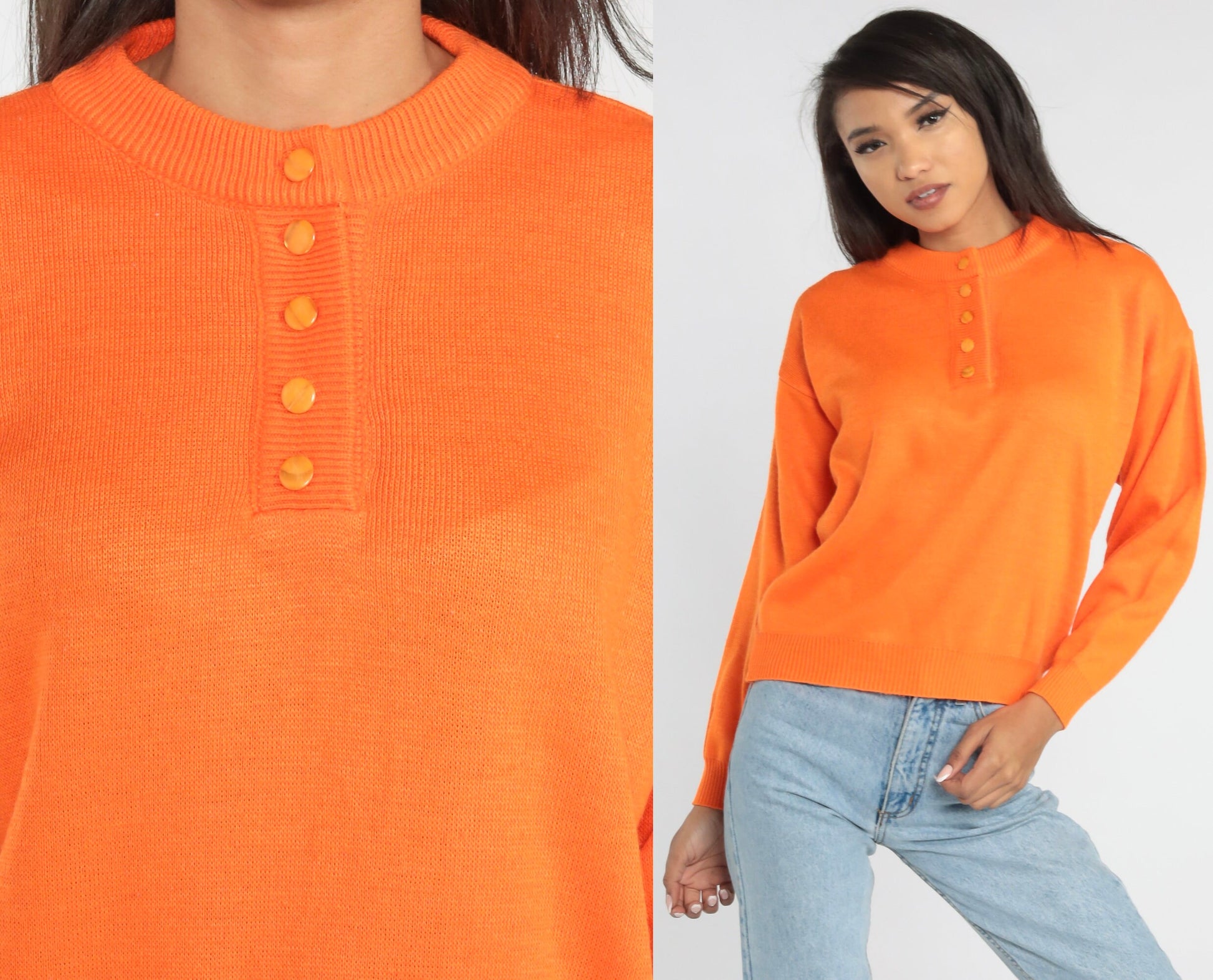 80s Orange Knit Henley Sweater Button-Up Small