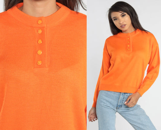 80s Orange Knit Henley Sweater Button-Up Small