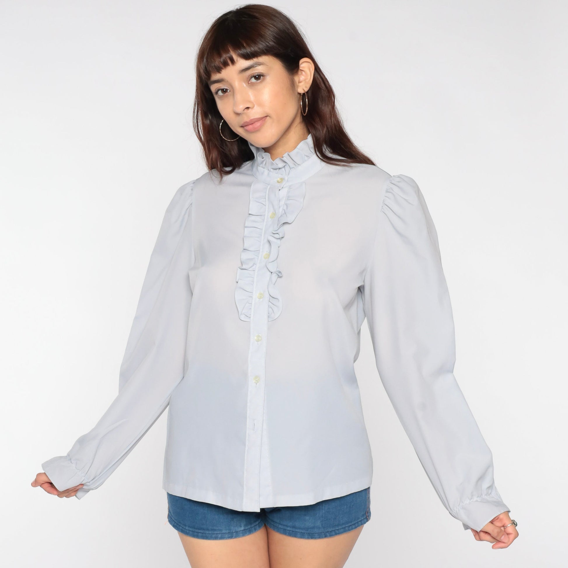 80s Grey Sheer Tuxedo Ruffle Blouse Puff Sleeve Button Up Medium