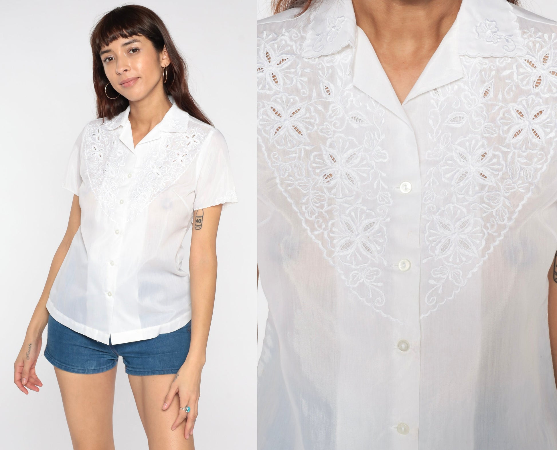 80s White Embroidered Floral Eyelet Button-Up Blouse Short Sleeve Small