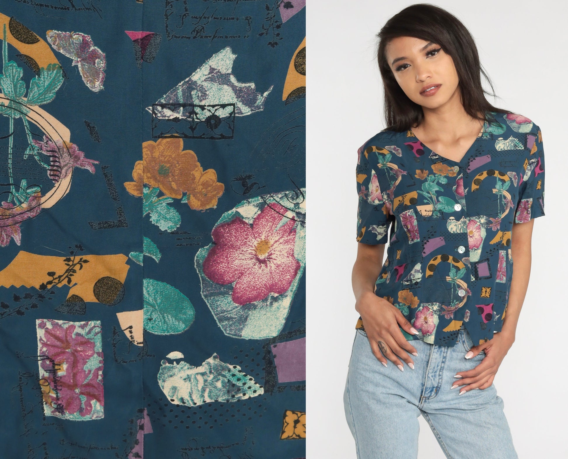 90s Blue Abstract Floral Button Up Blouse Short Sleeve Botanical Print Medium M