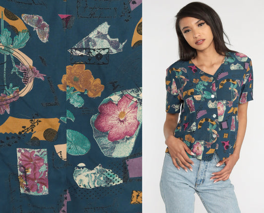 90s Blue Abstract Floral Button Up Blouse Short Sleeve Botanical Print Medium M