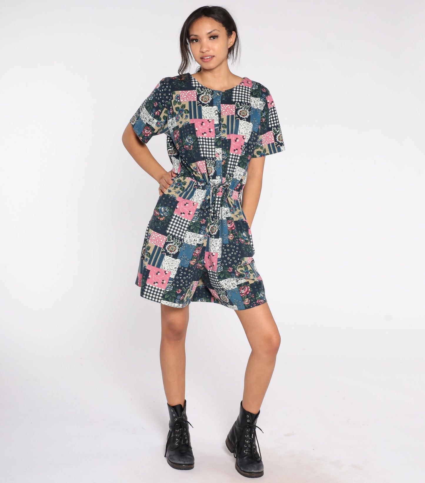 90s Patchwork Floral Wide-Leg Romper Cotton Button-Up Playsuit Medium