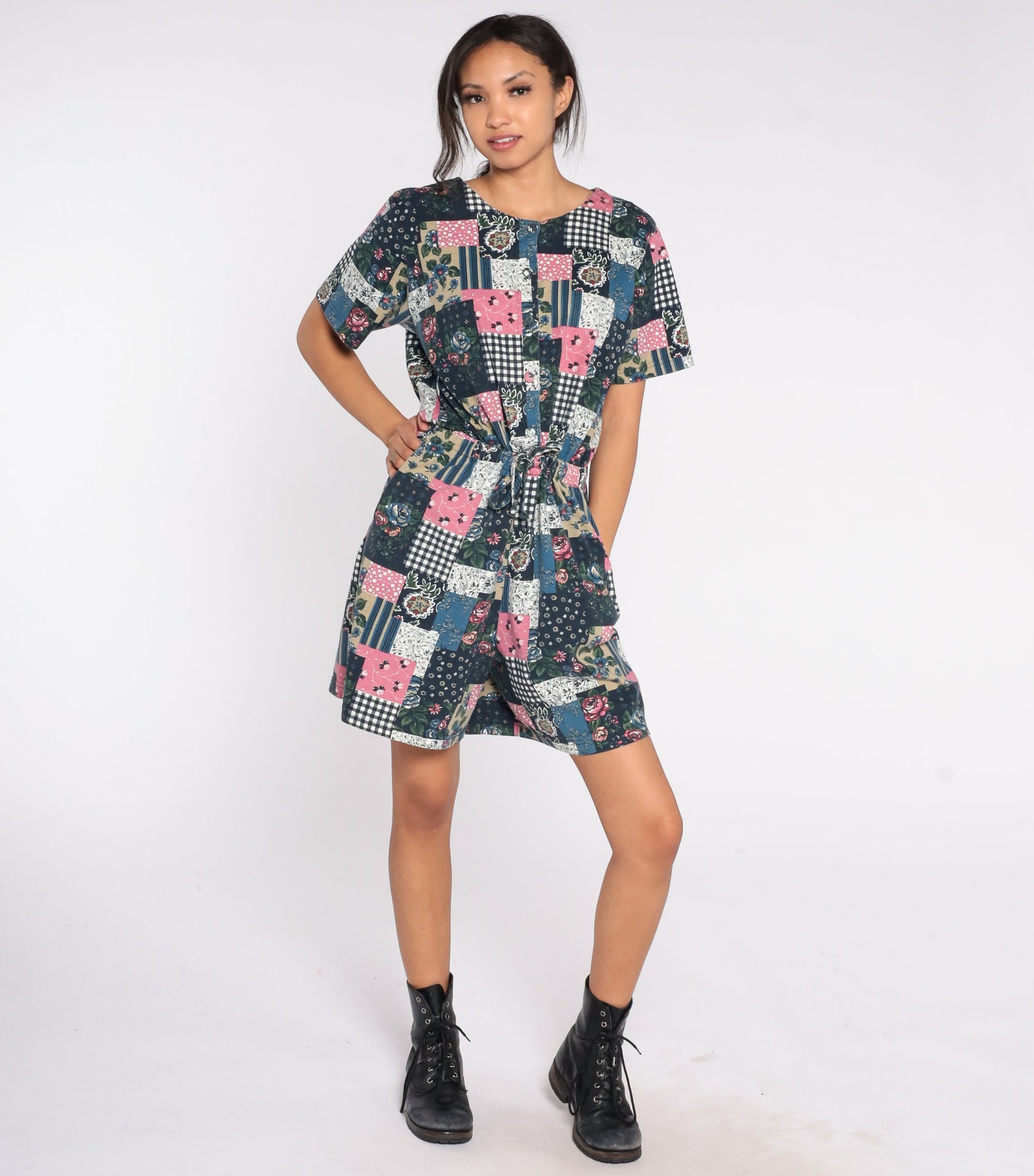 90s Patchwork Floral Wide-Leg Romper Cotton Button-Up Playsuit Medium