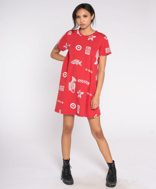 90s Fish Seashell Print Cotton Mini Dress Red Short Sleeve Small S