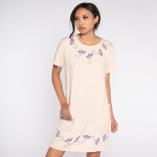 90s Floral Linen T-Shirt Dress Beige Pocket Mini Small