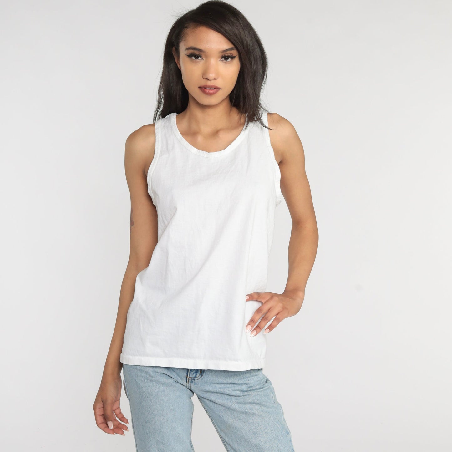 90s Anvil White Cotton Tank Top Plain Sleeveless Medium