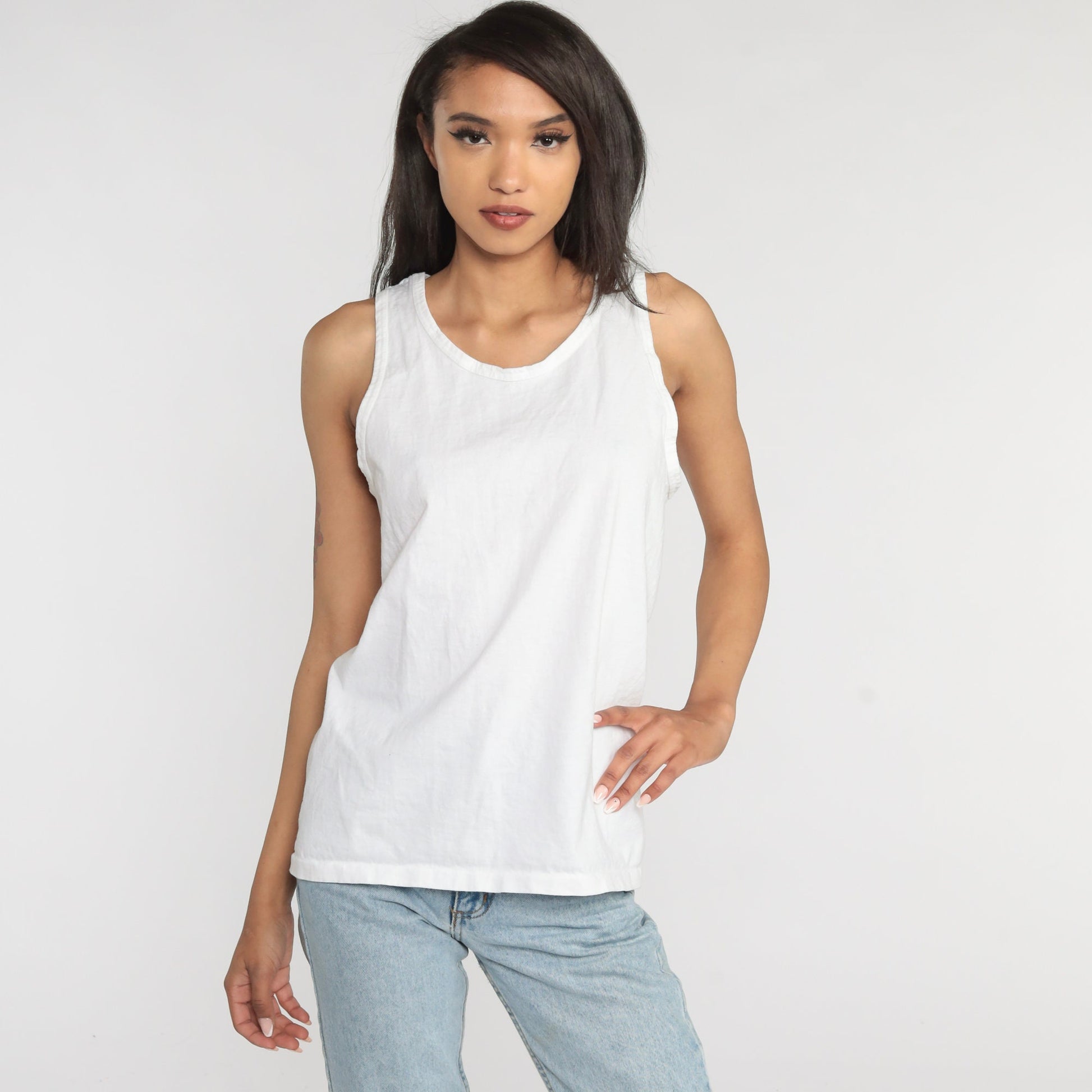 90s Anvil White Cotton Tank Top Plain Sleeveless Medium