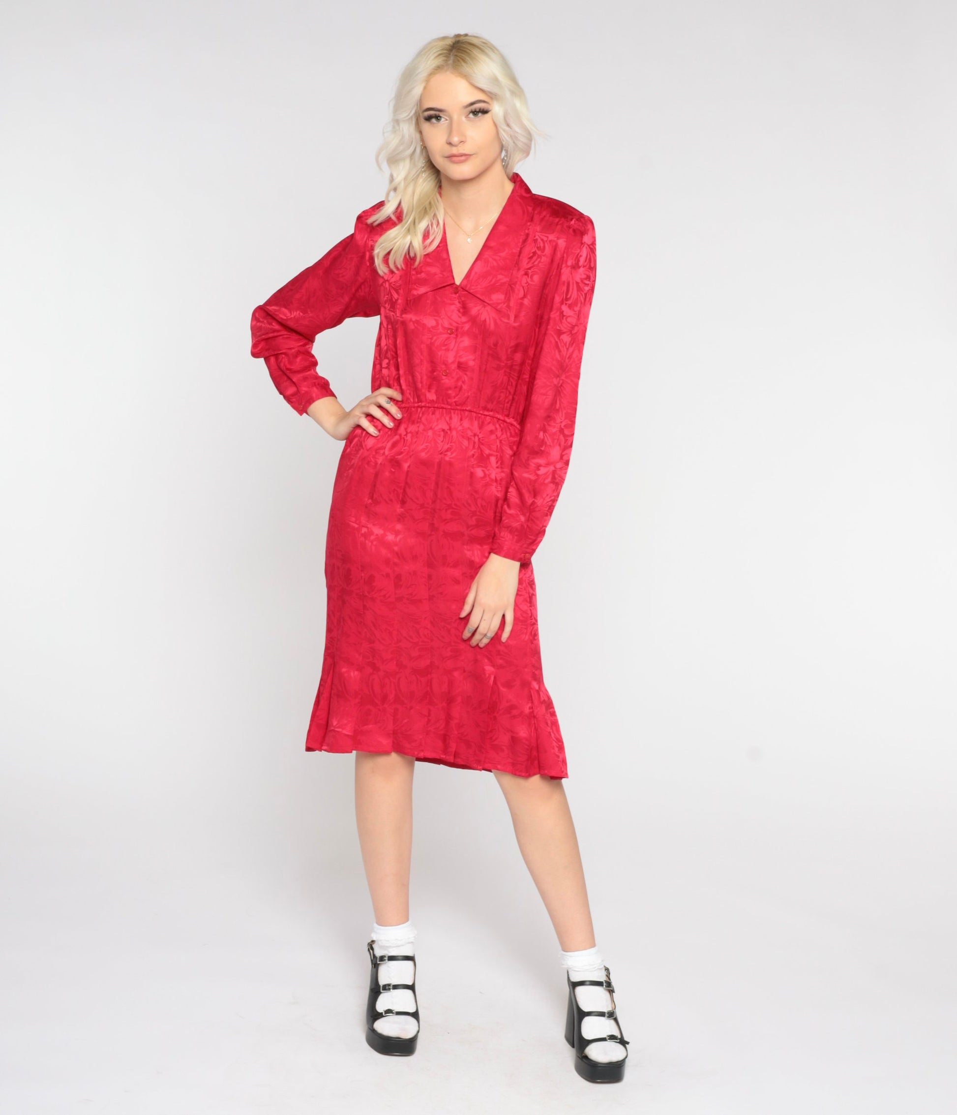 80s Red Silk Floral Midi Shirtdress Pleated Puff Sleeve Button-Up Extra Small XS