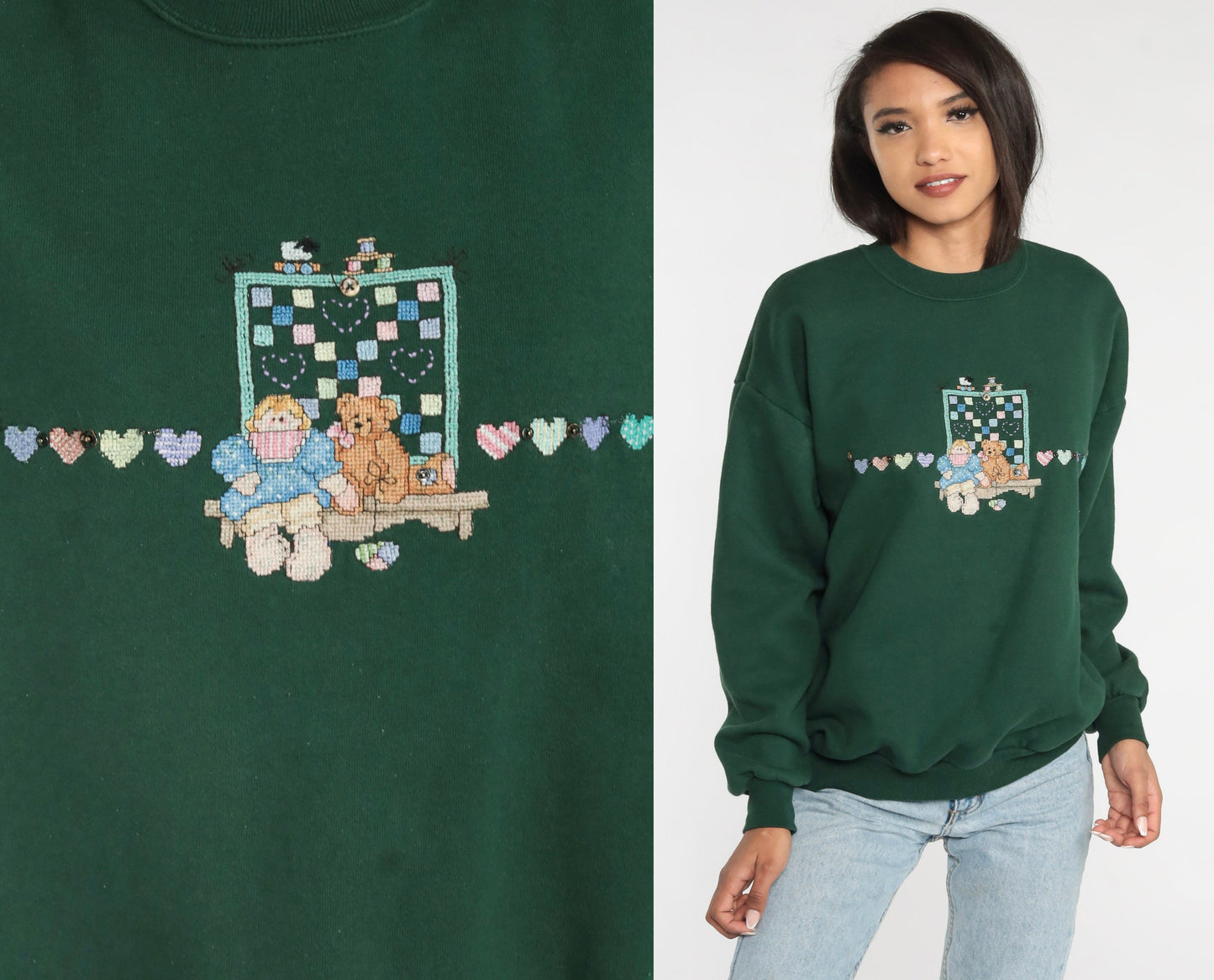 90s Teddy Bear Cross Stitch Sweatshirt Green Heart Embroidered Crewneck Extra Large XXL