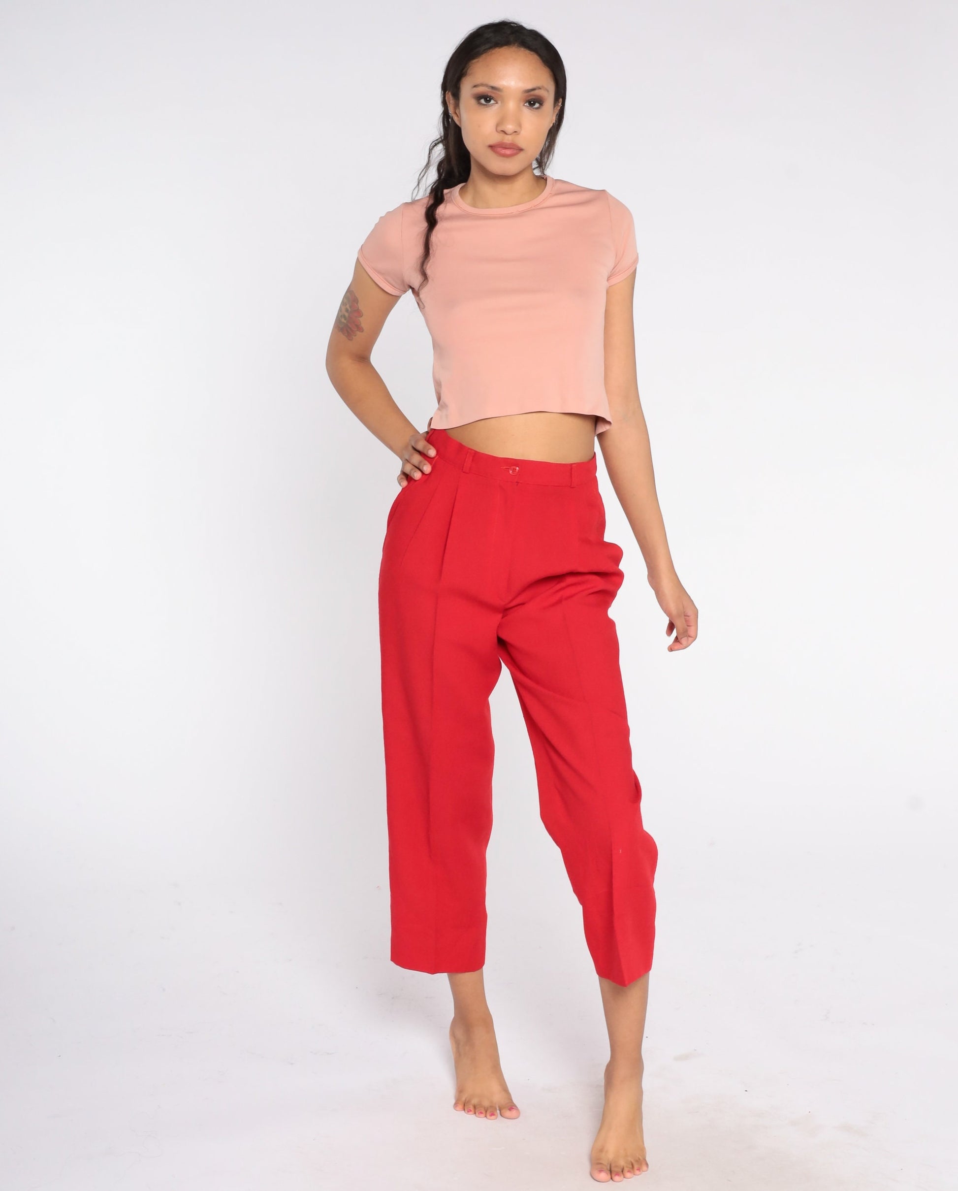 70s Red Straight Leg Trousers High Rise Vintage 1970s Medium
