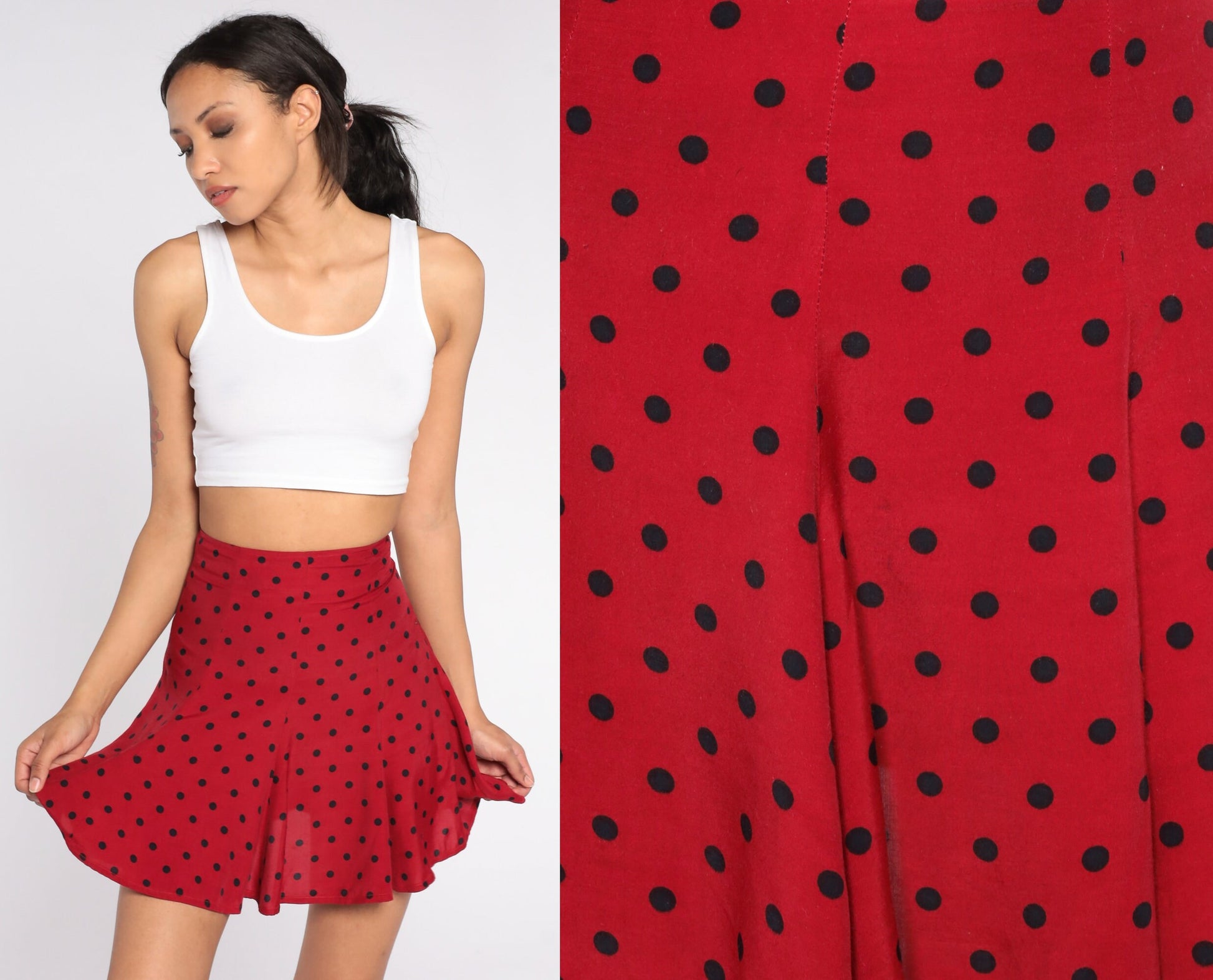 90s Red Polka Dot Pleated Mini Skirt High Waisted XXS