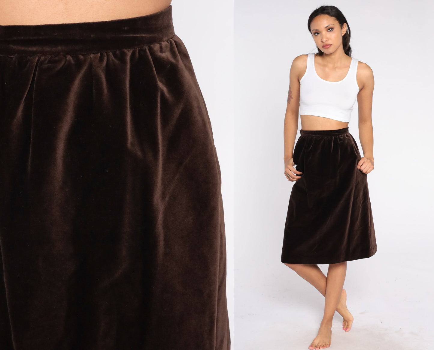 90s Brown Velvet Pencil Skirt High Waisted Midi Extra Small
