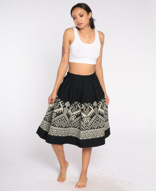 60s Black Pleated Midi Skirt High Waist Geometric White Embroidery Wool Small