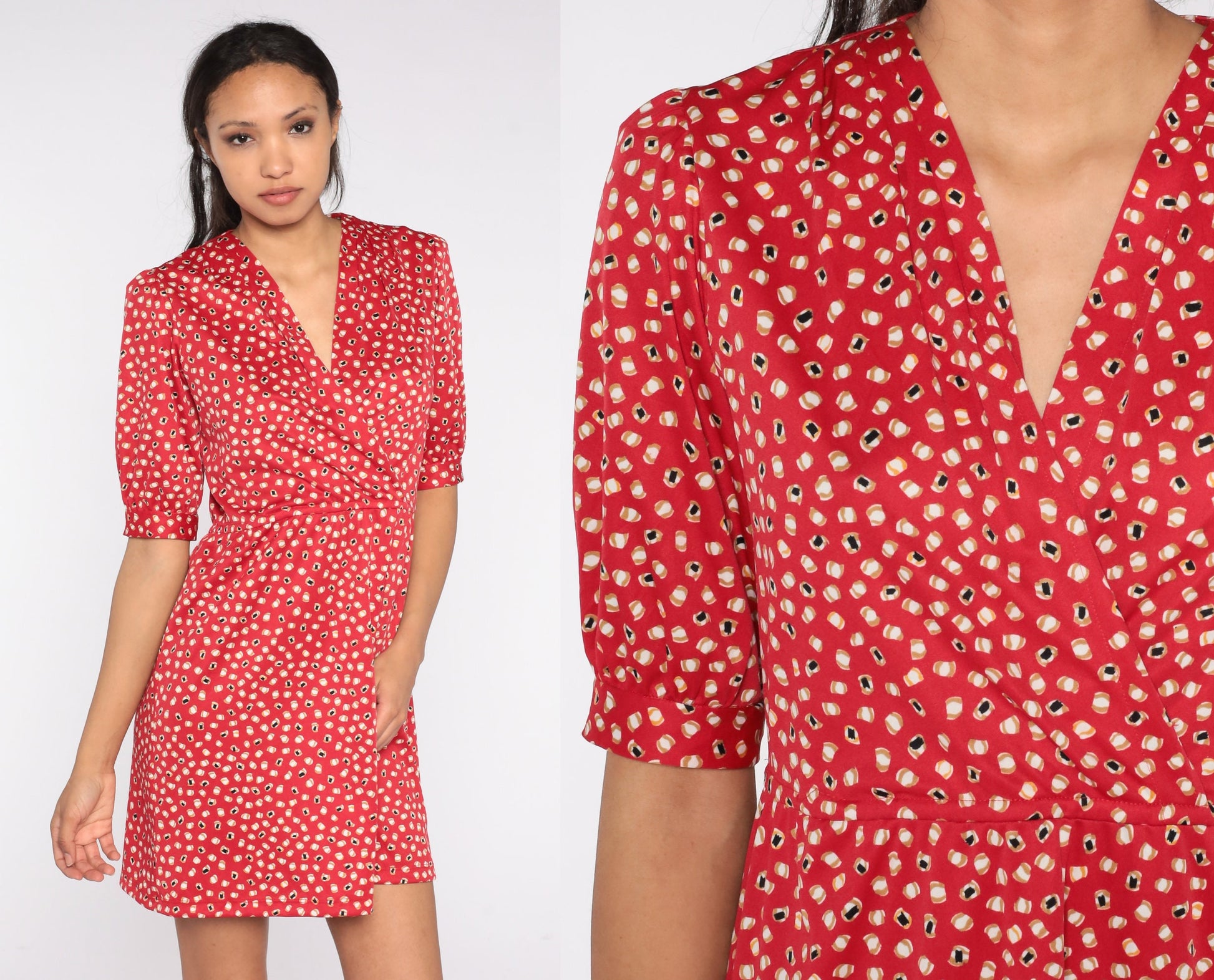 70s Red Abstract Dot Print Mini Dress High Waist V Neck Short Sleeve Medium M
