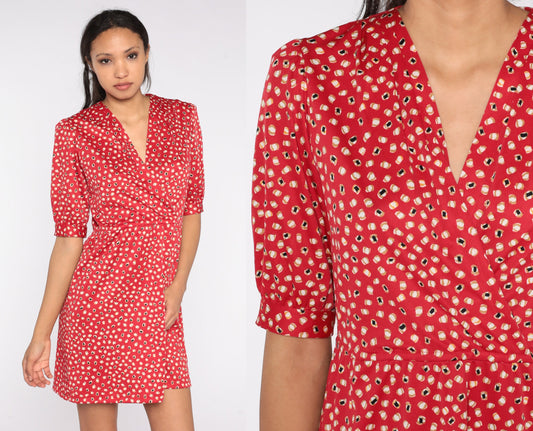 70s Red Abstract Dot Print Mini Dress High Waist V Neck Short Sleeve Medium M