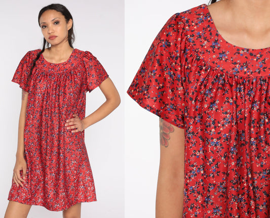 80s Red Floral Mini Shift Dress Short Sleeve Tent Cut Medium Large