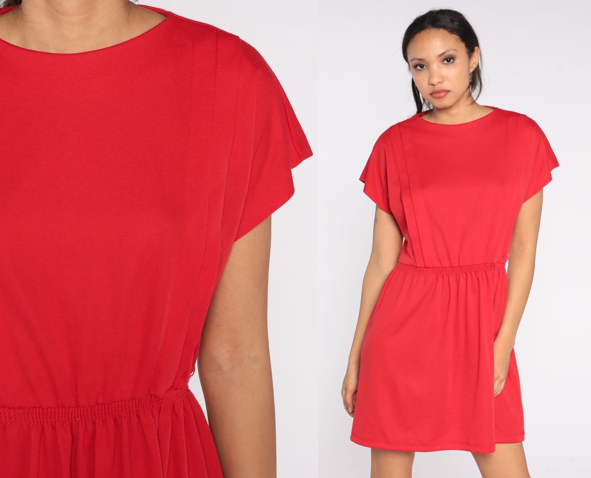 80s Red Shift Dress Mini High Waist Short Sleeve Zipper Back Medium