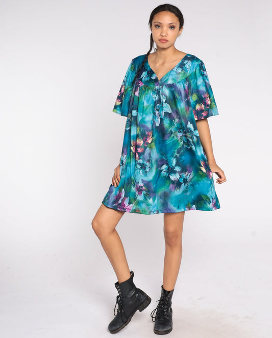 90s Blue Watercolor Floral Mini Dress Tent Cut Short Sleeve Plus Size XXL