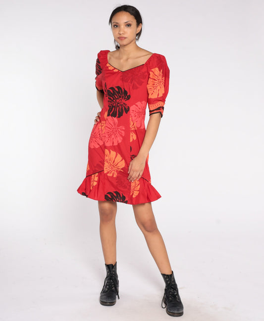 80s Hawaiian Red Tropical Leaf Mini Dress Ruffled Sheath Puff Sleeve Small