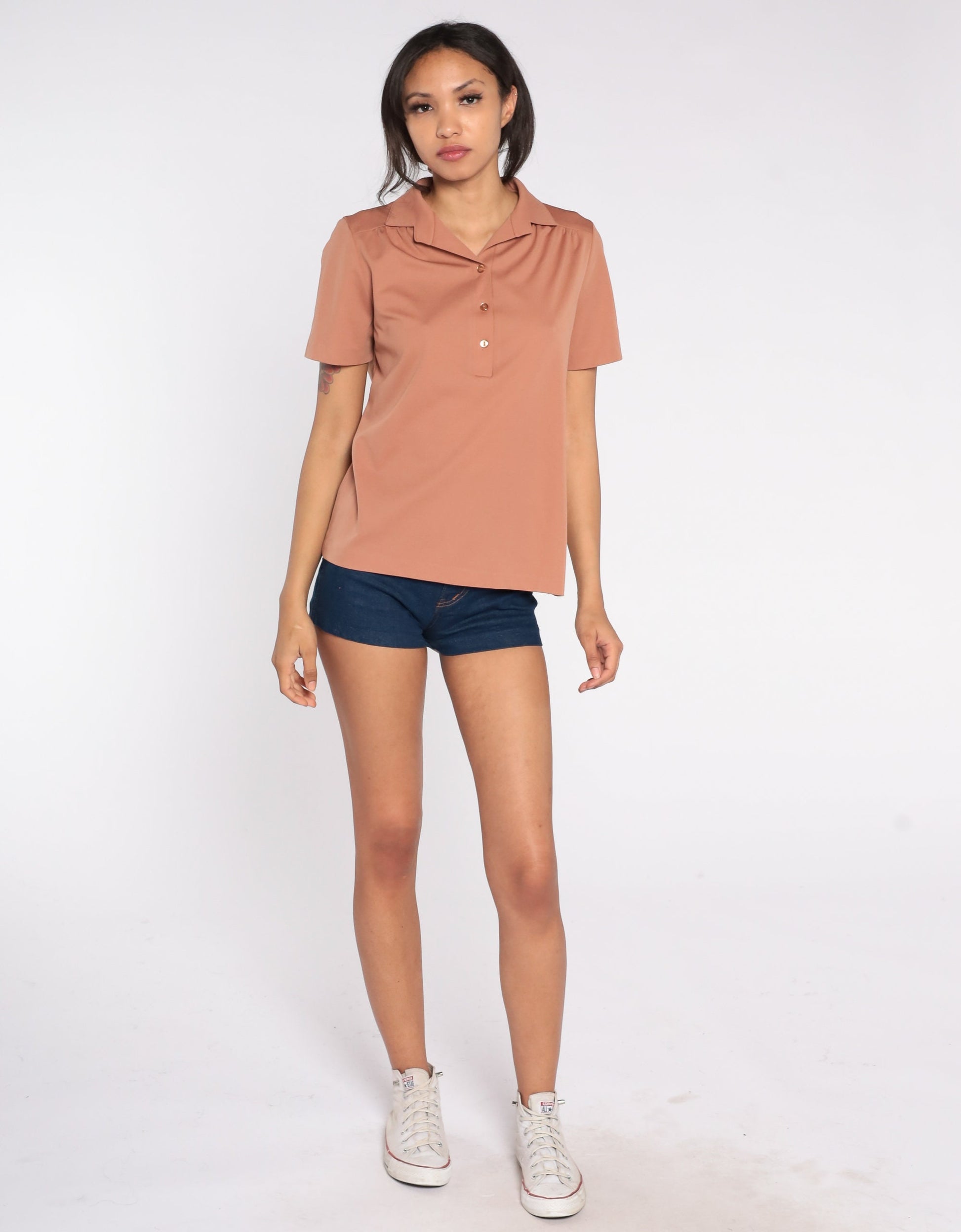 70s Terracotta Polo Blouse Collared Short Sleeve Shirt Medium