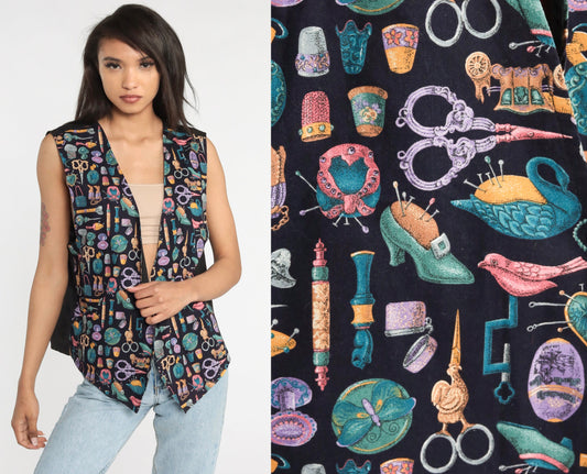 90s Seamstress Print Sleeveless Vest Button Up Sewing Graphic Medium Large
