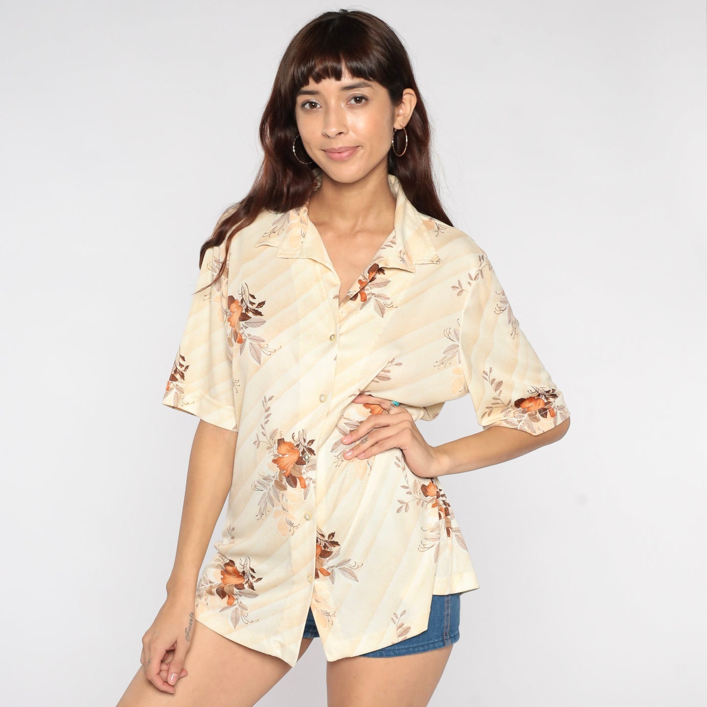70s Gilda California Floral Leaf Print Button Up Blouse Cream Short Sleeve Extra Large