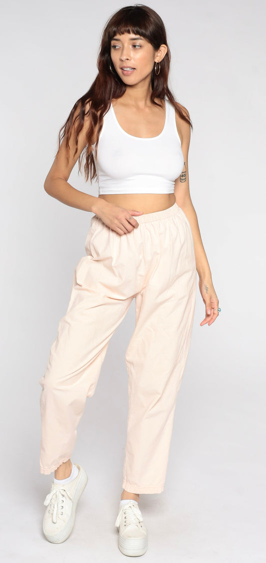 80s Baby Pink Cotton Tapered Pants Elastic Waist Pull-On Medium