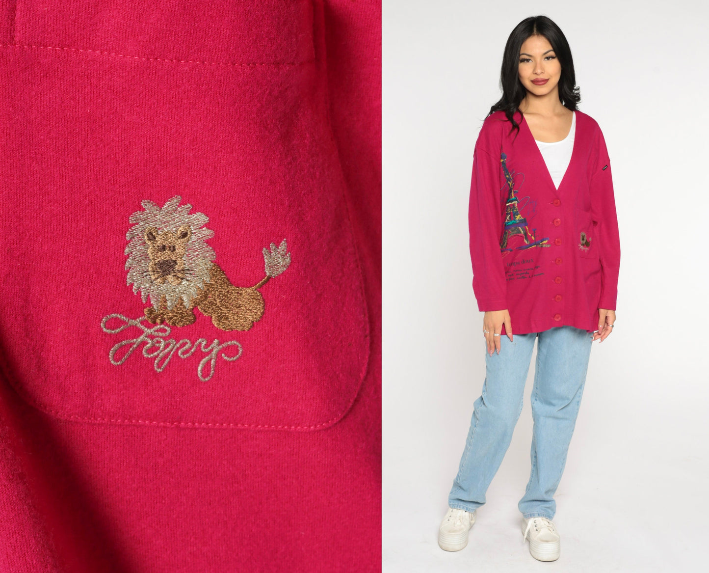 90s Paris Cardigan Dark Pink Eiffel Tower Lion Embroidered Temps Doux Large L