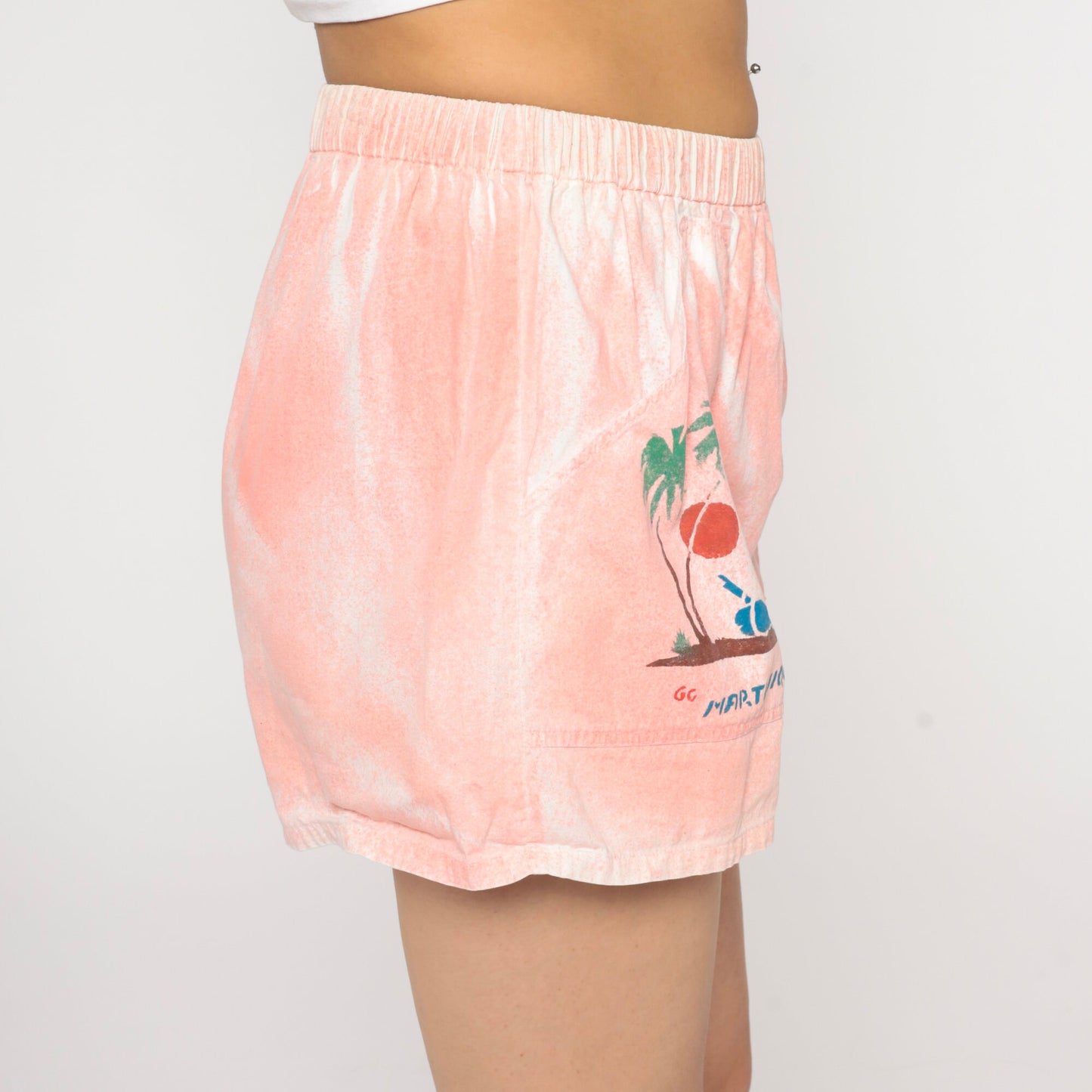 90s Martinique Palm Tree Graphic Shorts High Waist Pink Small Medium