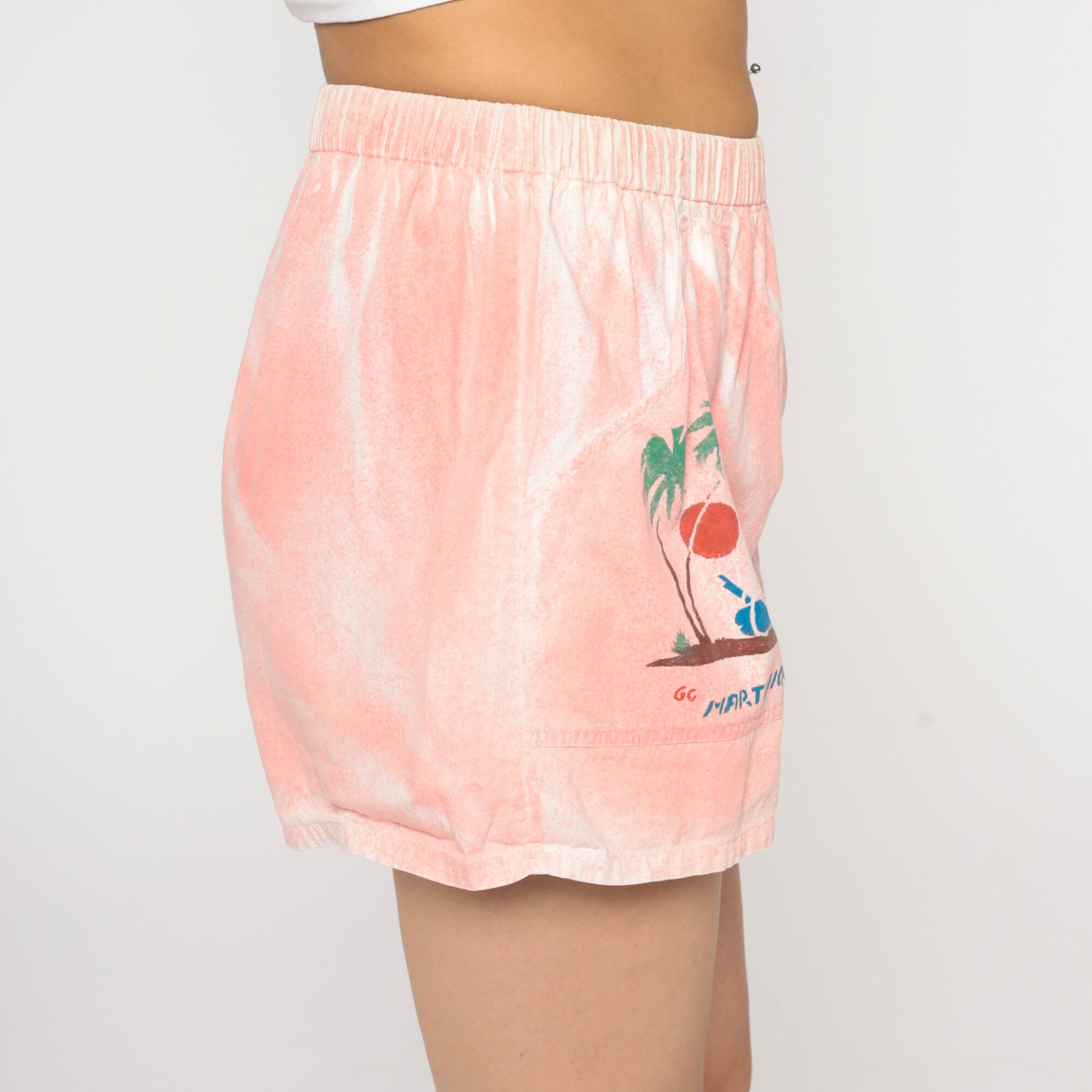 90s Martinique Palm Tree Graphic Shorts High Waist Pink Small Medium