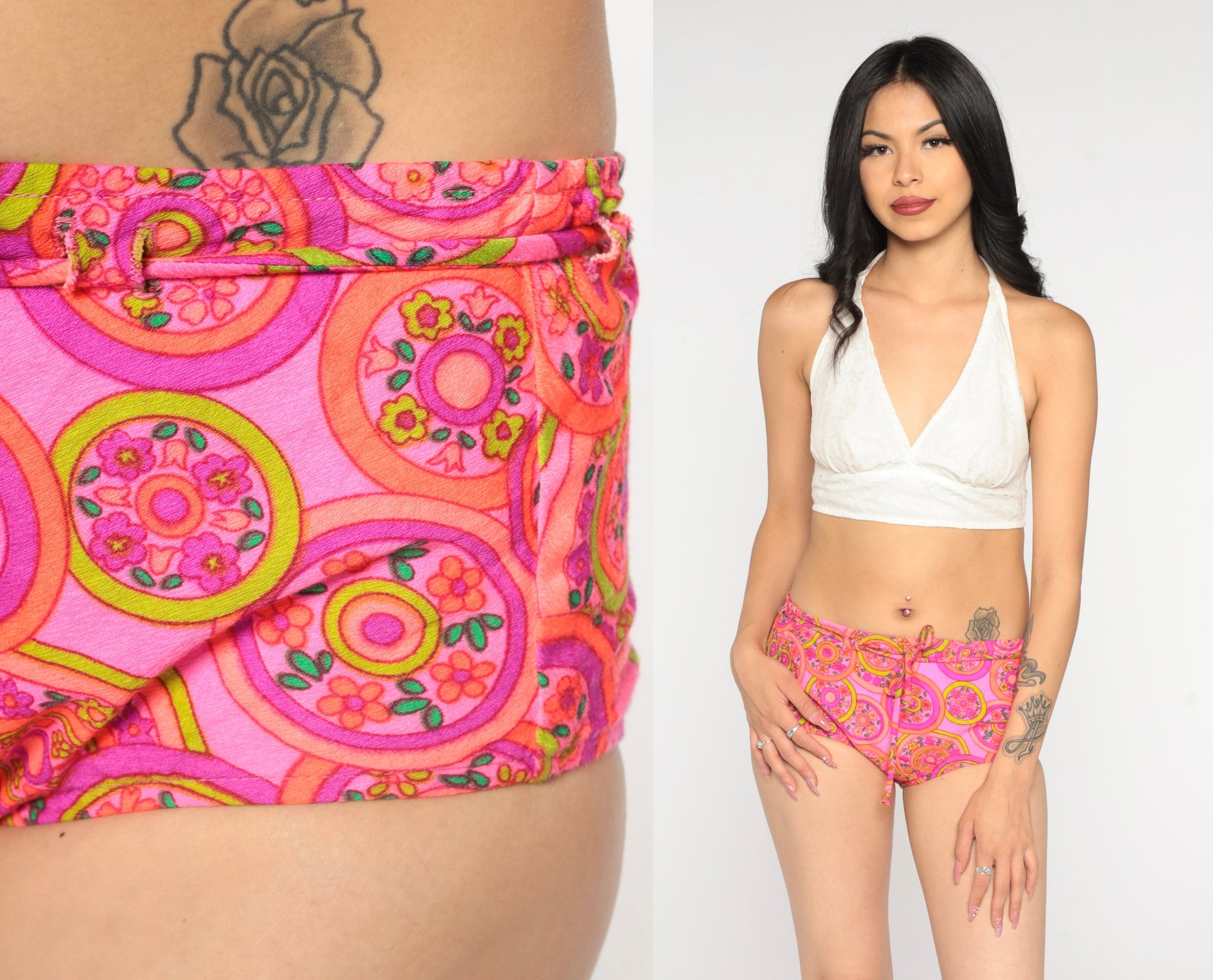 70s Pink Floral Bikini Bottoms Low Waist Drawstring Swim Shorts Small