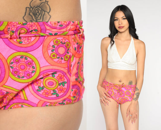 70s Pink Floral Bikini Bottoms Low Waist Drawstring Swim Shorts Small