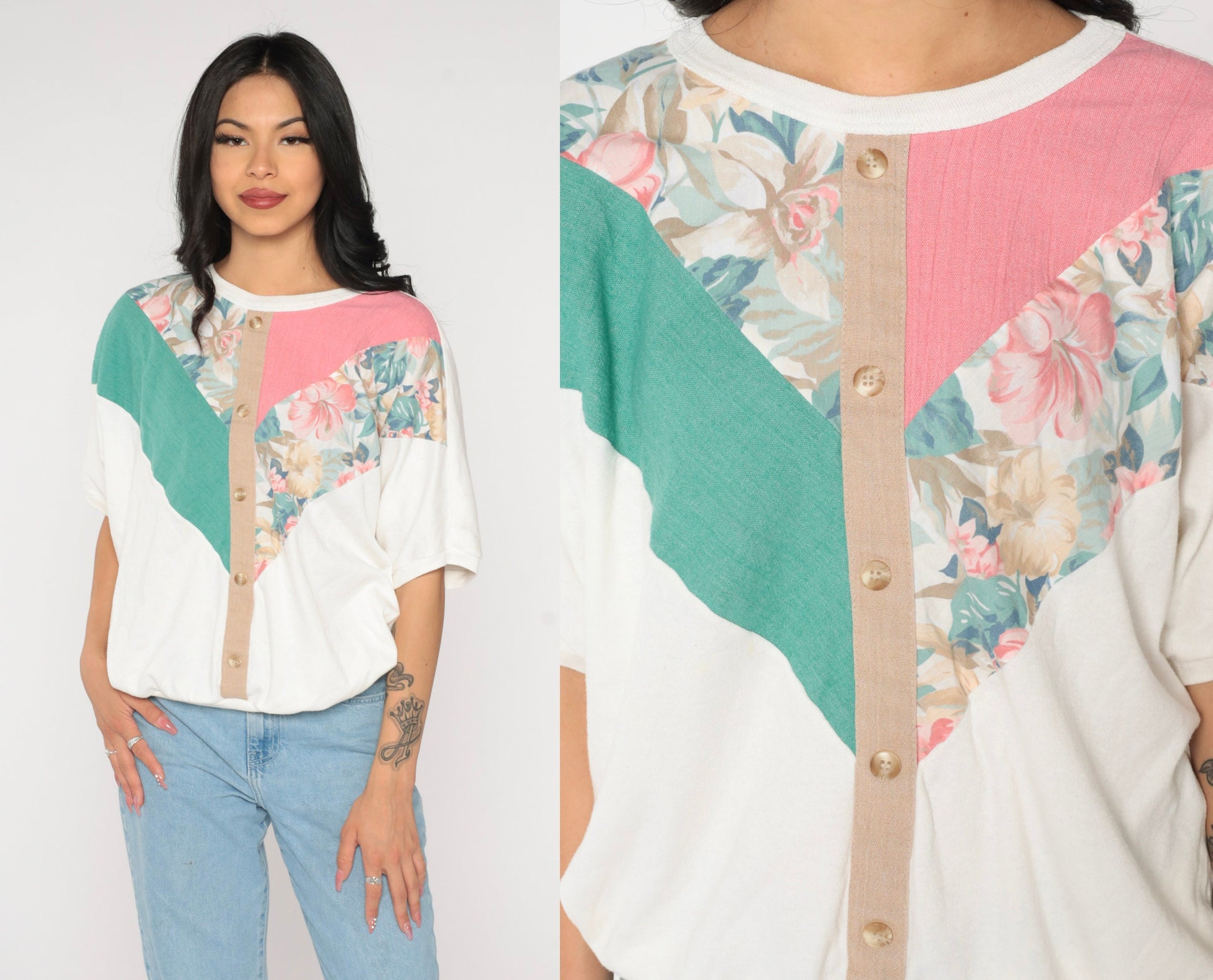 90s Colorblock Floral Striped Cotton T-Shirt White Banded Hem Medium M