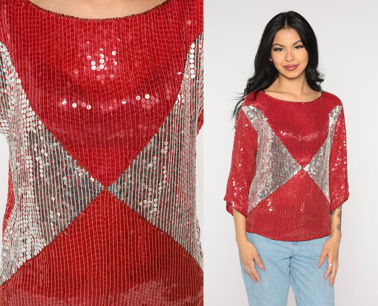 90s Silk Sequin Blouse Red Silver Metallic Color Block Small