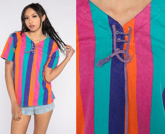 90s Striped Cotton Blouse Lace-Up V-Neck Short Sleeve Pink Orange Blue Purple Medium