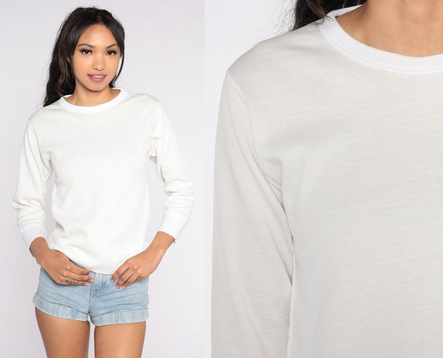 90s White Waffle Knit Thermal Long Sleeve Shirt Medium M
