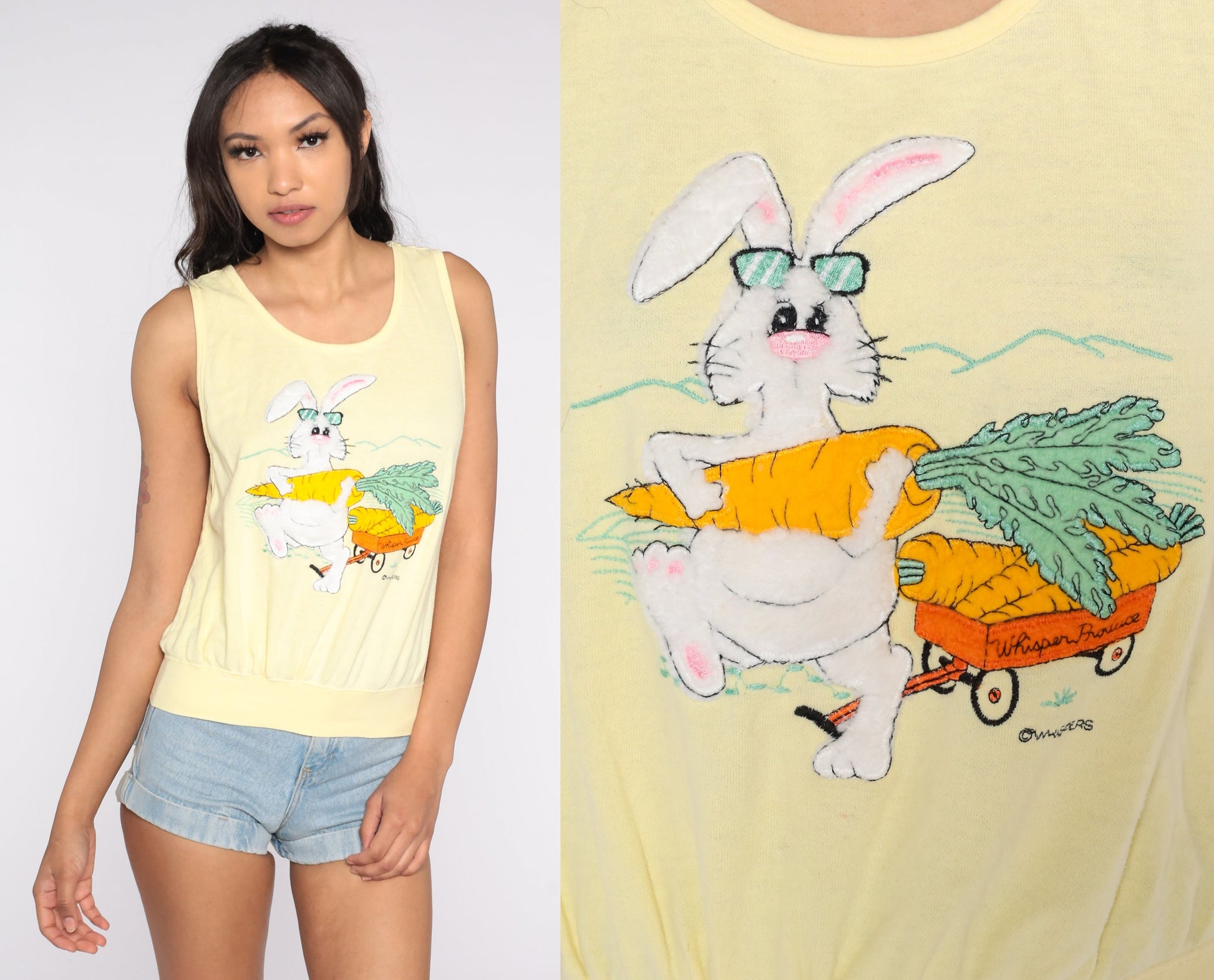 80s Yellow Fuzzy Bunny Tank Top Graphic Sleeveless Blouse Small
