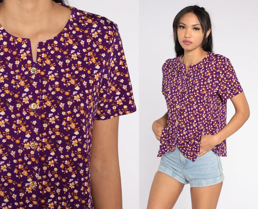 90s Purple Floral Button-Up Blouse Short Sleeve Shirt Large